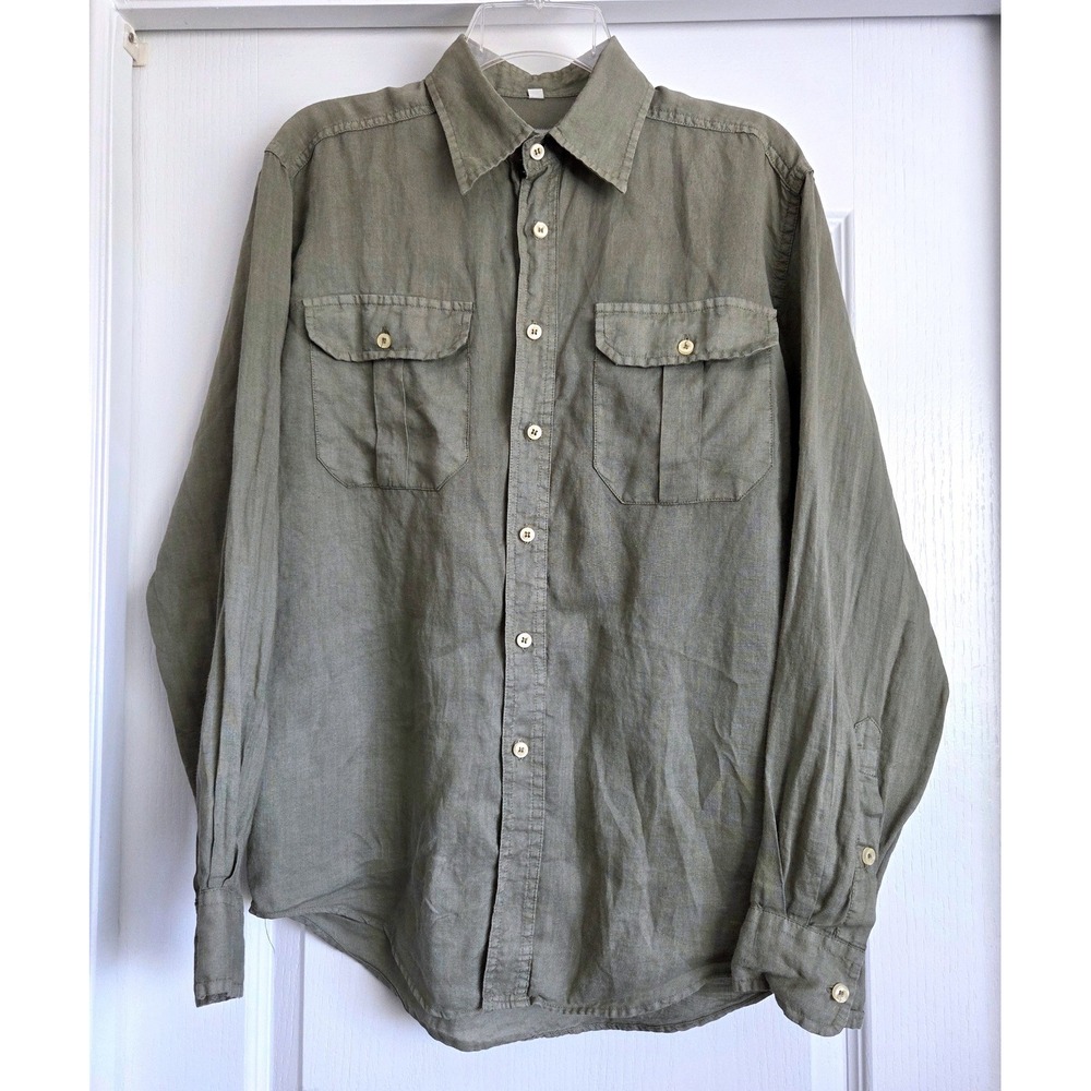 Puro‎ Lino Linen Long Sleeve Button Down Shirt Olive Green Utility Pocket Sz S
